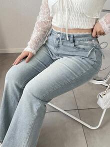 Dazy Plus Vintage Washed Denim Waistband Lace Bowknot Fitted Sexy Long Flare Jeans - Light Wash - View 5