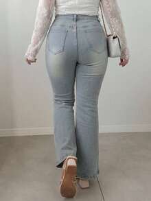 Dazy Plus Vintage Washed Denim Waistband Lace Bowknot Fitted Sexy Long Flare Jeans - Light Wash - View 2