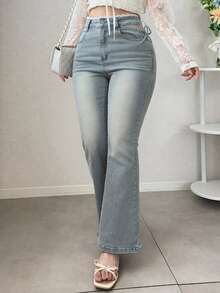 Dazy Plus Vintage Washed Denim Waistband Lace Bowknot Fitted Sexy Long Flare Jeans - Light Wash - View 1