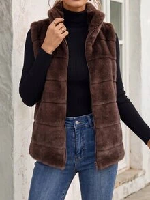 Faunlyn Jaket Rompi Bulu Imitasi Bergaya Vintage dengan Resleting untuk Wanita - Coklat - View 7