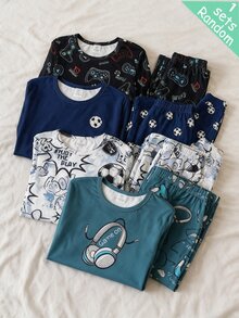 [4 Sets Randomly Sent 1 Set]2-Piece Tween Boys Game Console, Personalized Football, Headphone Pattern Crew Neck Knit Long Sleeve Pants Snug Fit - Multicolor - View 1
