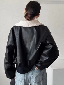 FRIFUL Mantel Wanita Motif Blok Warna Musim Gugur dengan Kerah Bulu dan Bahan PU. - Hitam - View 2