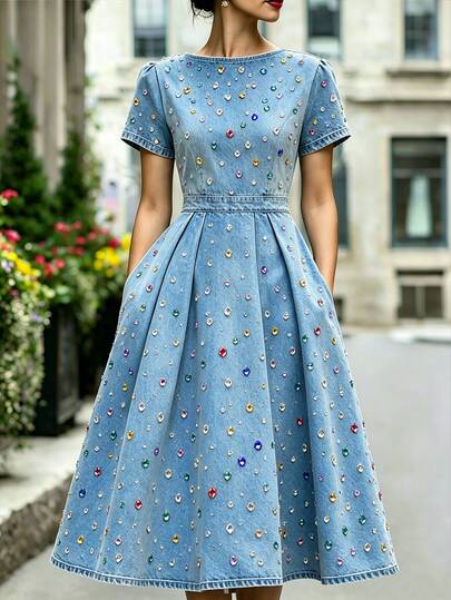 SHEIN Vestido largo elegante para mujer con decoración de strass de colores, cuello redondo, manga corta, bajo plisado y bolsillos