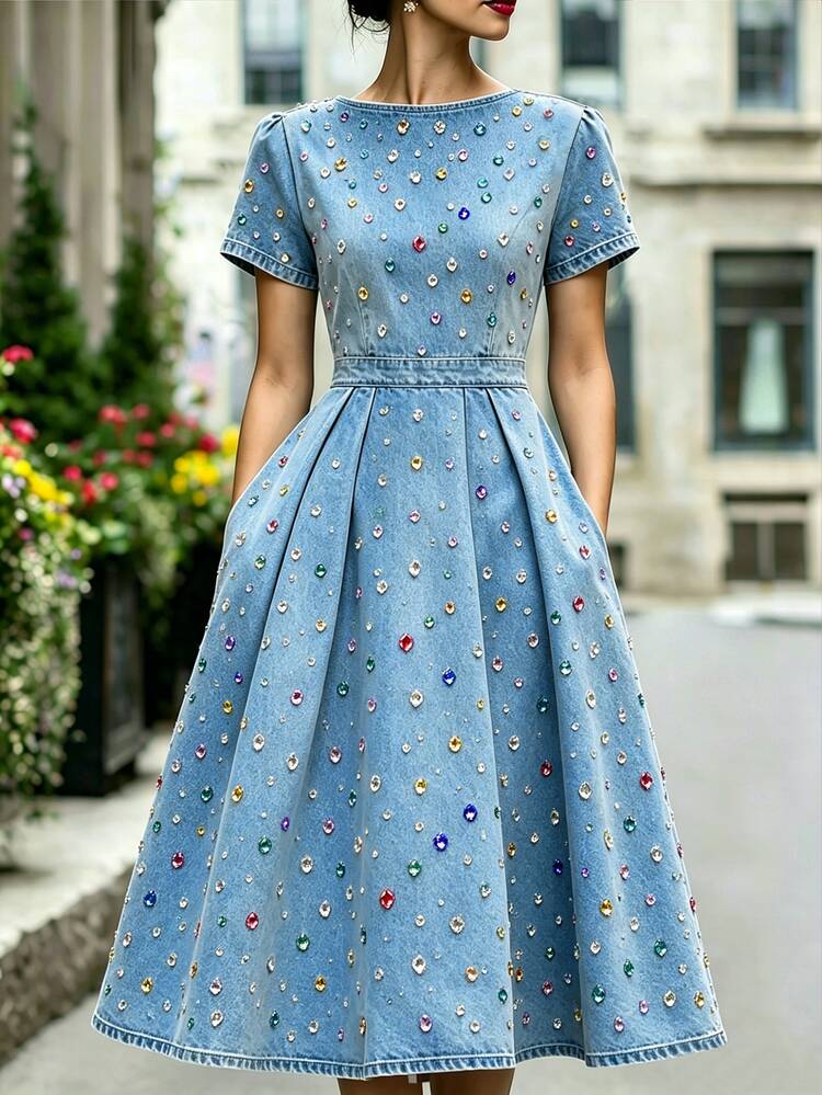 SHEIN Women's Elegant Long Dress With Colorful Rhinestone Decor, Round Neck, Short Sleeve, Pleated Hem And Pockets - Multicolor - View 1