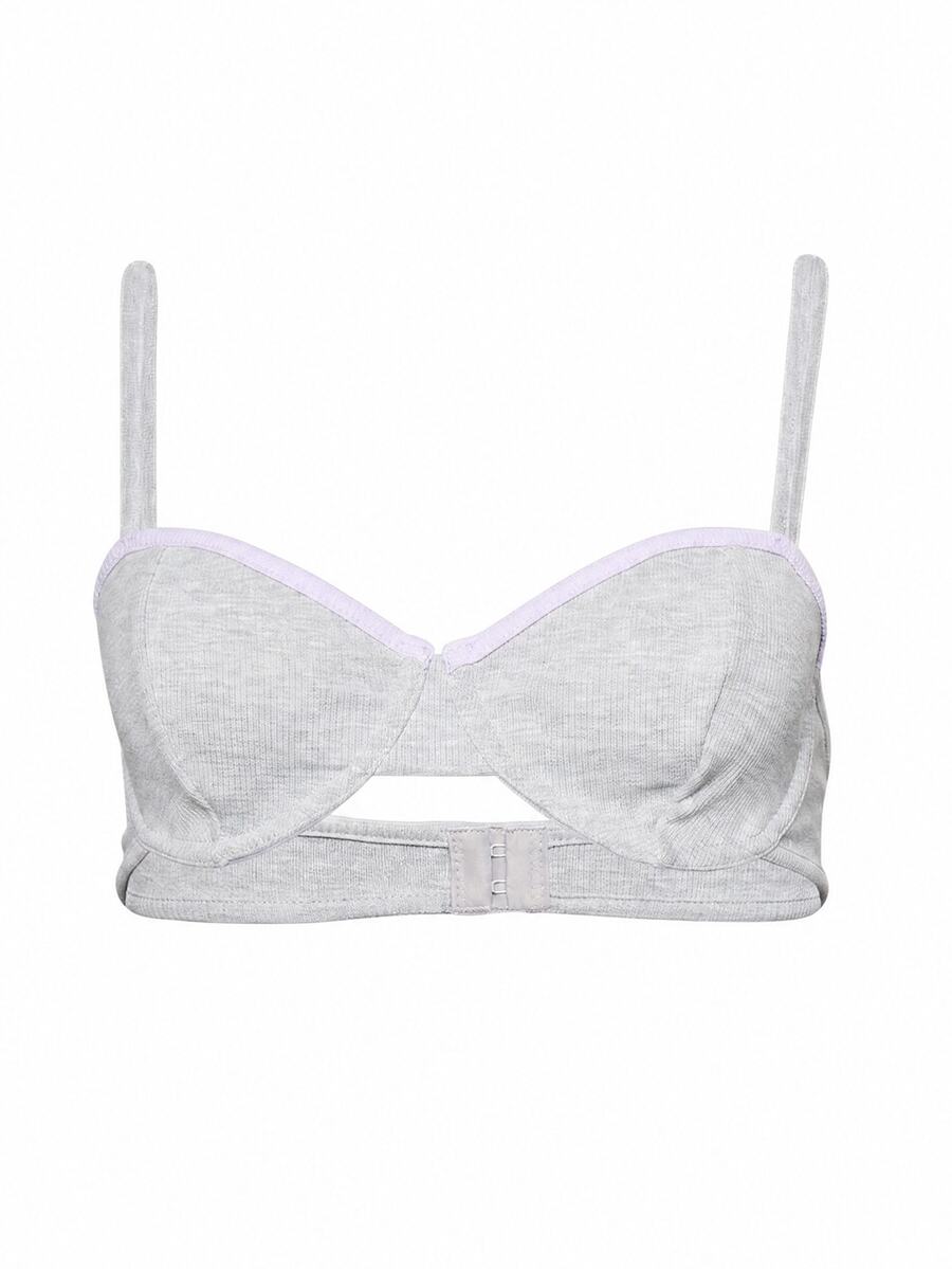 AiiRZ Ribbed Knit Balconette Bra With Lavender Contrast Trim Padded Cups Hook And Eye Closure Adjustable Straps Everyday Comfort Lingerie - Grey - View 1