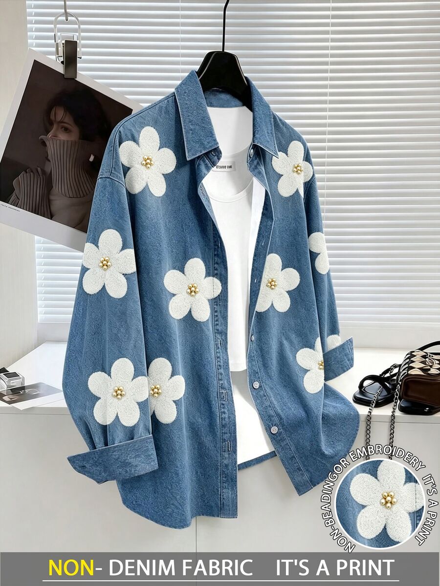 Resyla [Printed Design] Plus Size Faux Pearl Floral Digital Print Pattern Blouse For Women Fall - Multicolor - View 1
