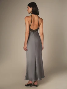 KSTM Halter Neck Satin Dress With Black Contrast Trim Cross Back Straps Mermaid Silhouette Formal Evening Gown With Pockets - Grey - View 6