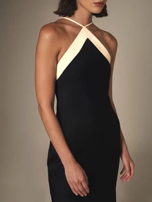 KSTM Halter Neck Crossover Strap Maxi Dress With Contrast Cream Detailing Sleeveless Mermaid Silhouette Evening Gown Holiday Party Formal - Black and White - View 4