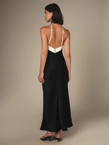KSTM Halter Neck Crossover Strap Maxi Dress With Contrast Cream Detailing Sleeveless Mermaid Silhouette Evening Gown Holiday Party Formal - Black and White - View 6