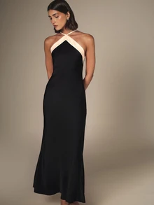KSTM Halter Neck Crossover Strap Maxi Dress With Contrast Cream Detailing Sleeveless Mermaid Silhouette Evening Gown Holiday Party Formal - Black and White - View 2