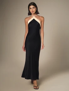 KSTM Halter Neck Crossover Strap Maxi Dress With Contrast Cream Detailing Sleeveless Mermaid Silhouette Evening Gown Holiday Party Formal - Black and White - View 1