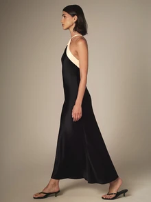 KSTM Halter Neck Crossover Strap Maxi Dress With Contrast Cream Detailing Sleeveless Mermaid Silhouette Evening Gown Holiday Party Formal - Black and White - View 5
