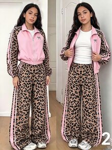 SHEIN 2件組時尚休閒女款/青少年女款新款黑色針織拼接白色飾邊拉鍊立領夾克與配套黑色寬鬆長褲，附白色飾邊與小字母裝飾，適合春秋冬季，戶外、旅行、街頭風、日常休閒、居家、開學季、日常穿搭 - 彩色 - 查看 1