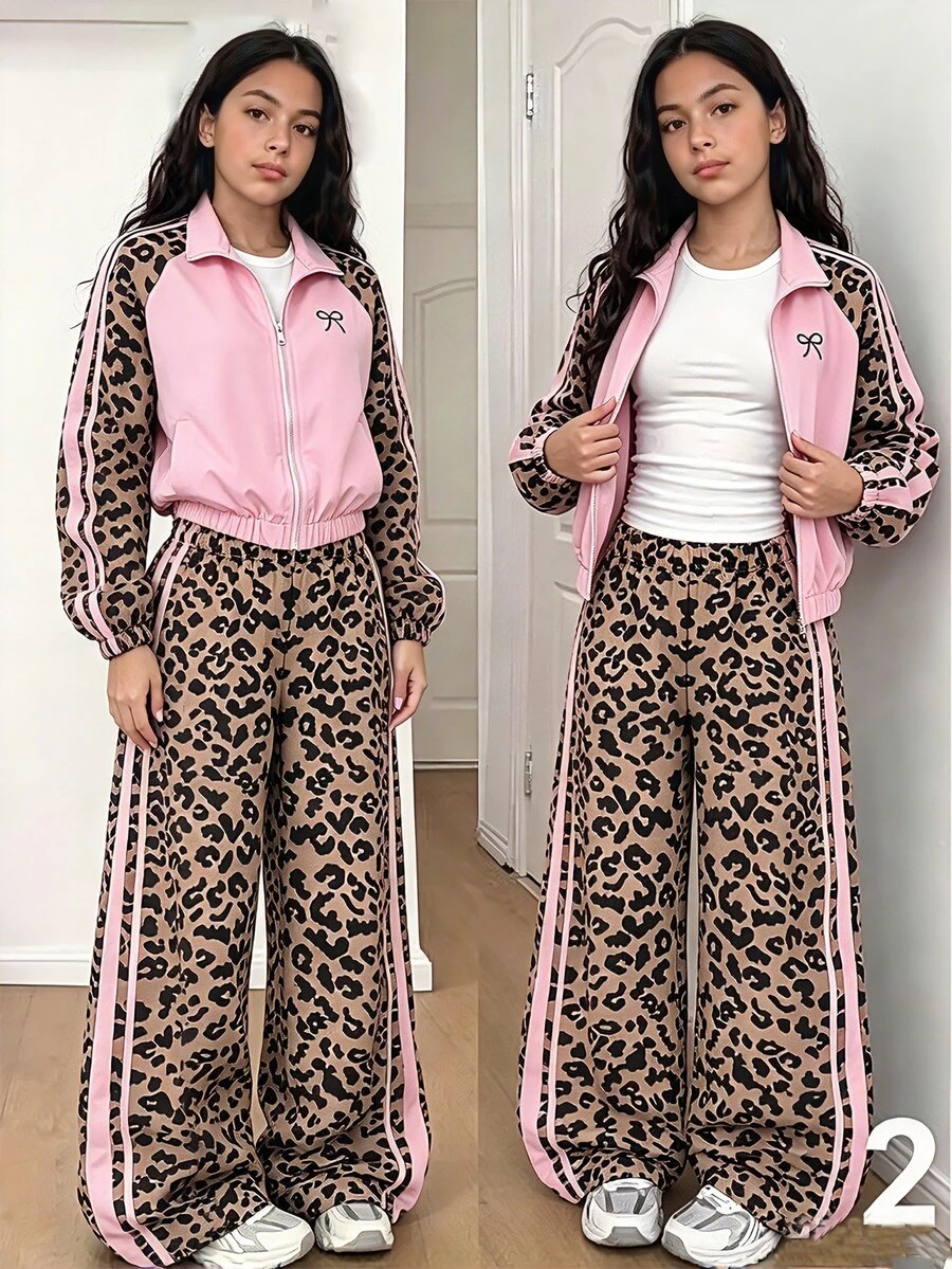 SHEIN 2件組時尚休閒女款/青少年女款新款黑色針織拼接白色飾邊拉鍊立領夾克與配套黑色寬鬆長褲,附白色飾邊與小字母裝飾,適合春秋冬季,戶外、旅行、街頭風、日常休閒、居家、開學季、日常穿搭 - 彩色 - 查看 1