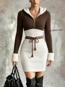 GlowEve Women's Colorblock Long Sleeve Zip-Up Half-Placket Casual Hooded Mid-Length Dress - Multicolor - View 6