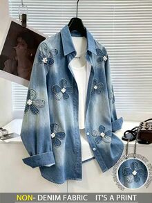 Resyla [Denim Effect] 3D 花卉丹寧效果印花女款休閒襯衫 - 彩色 - 查看 5