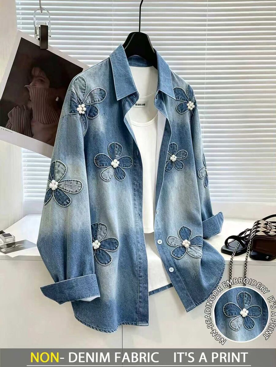 Resyla [Denim Effect] 3D 花卉丹寧效果印花女款休閒襯衫 - 彩色 - 查看 1