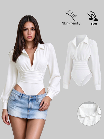 Sweetra Women's Retro Sexy Bodysuit, Fitted Slimming, Elegant High-End Comfortable Versatile Fashionable White Bodysuit