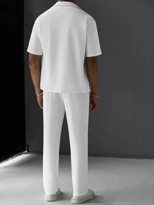 SLATEMANN Men's Bubble Textured Solid Color Loose Drop Shoulder Cuban Collar Casual Vacation Light Business Daily Commute Short Sleeve Shirt And Straight Leg Elastic Drawstring Pants 2-Piece Set - Beige - View 7