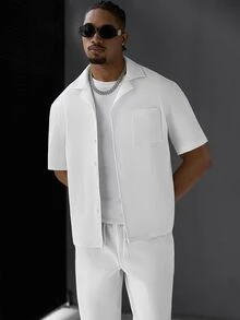 SLATEMANN Men's Bubble Textured Solid Color Loose Drop Shoulder Cuban Collar Casual Vacation Light Business Daily Commute Short Sleeve Shirt And Straight Leg Elastic Drawstring Pants 2-Piece Set - Beige - View 5