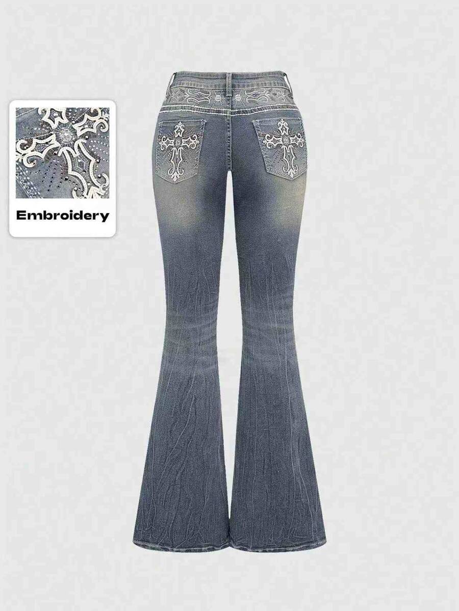 ROMWE Grunge Punk Spring/SummergraphicY2K Retro Midriff-Baring Pocket Cross Wing Embroidery Fitted Flare Leg Women Jeans - Light Wash - View 1