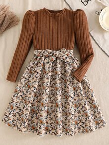 SHEIN 1件女童復古田園風假兩件式洋裝，日常上學與外出穿搭，春秋款，泡泡袖羅紋上衣搭配花卉裙，腰部蝴蝶結綁帶，長袖洋裝 - 彩色 - 查看 4