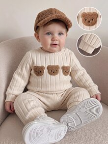 SHEIN Korean Style Cute Tropical Ribbed Fleece Newborn Baby Cartoon Bear Embroidered Sweatshirt Pants Outfit Beige Fall Winter Holiday Vacation White - Apricot - View 2