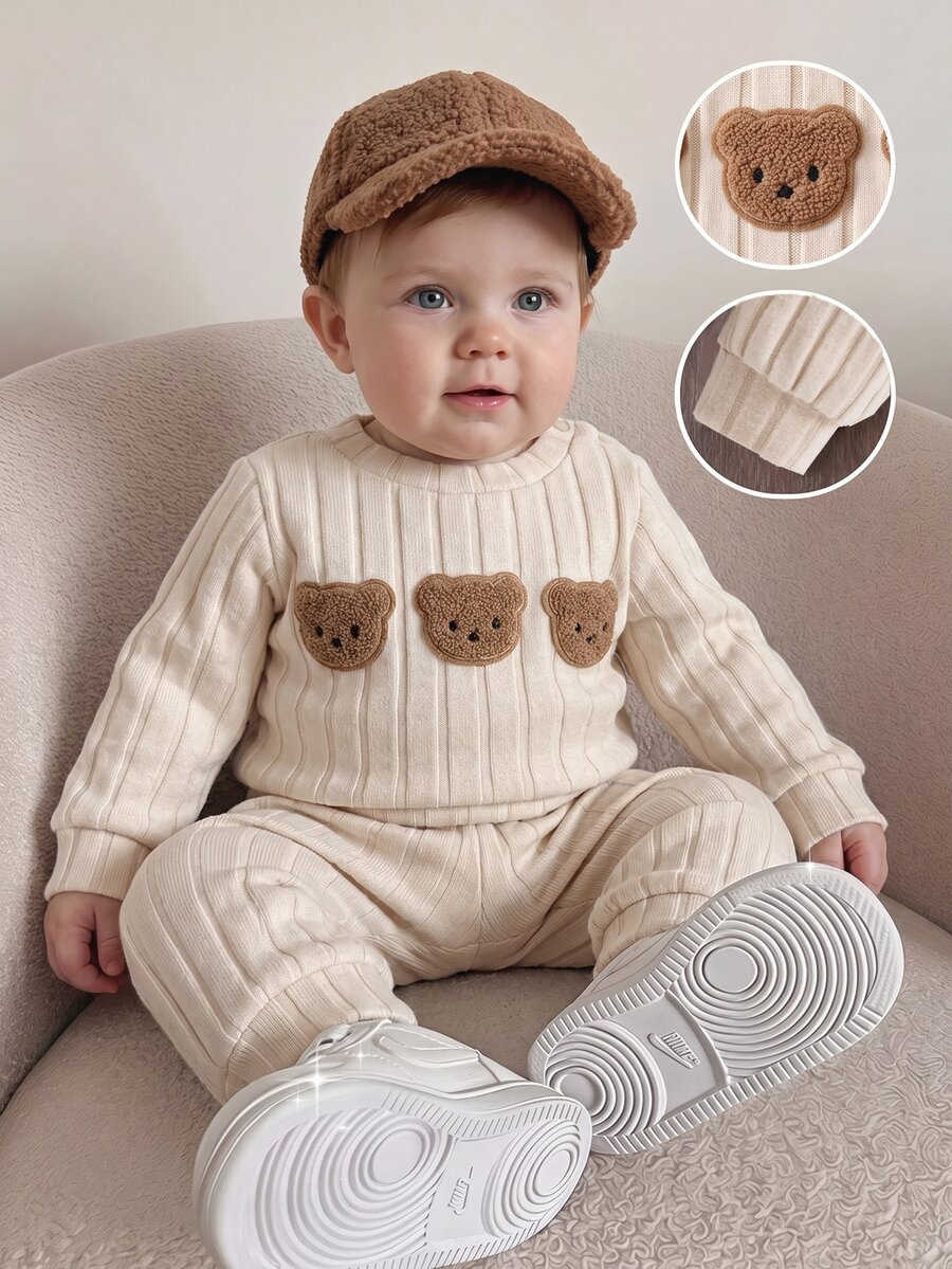 SHEIN Korean Style Cute Tropical Ribbed Fleece Newborn Baby Cartoon Bear Embroidered Sweatshirt Pants Outfit Beige Fall Winter Holiday Vacation White