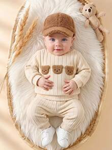 SHEIN Korean Style Cute Tropical Ribbed Fleece Newborn Baby Cartoon Bear Embroidered Sweatshirt Pants Outfit Beige Fall Winter Holiday Vacation White - Apricot - View 4