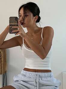 DAZY 女款 Y2K 蕾絲飾邊細肩帶上衣 夏季短版上衣 - 白色 - 查看 9