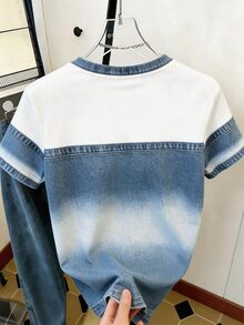 Resyla [Denim Effect] 女款休閒街頭風丹寧效果拼接數位印花T恤 藍白配色 夏季旅行款 - 彩色 - 查看 2