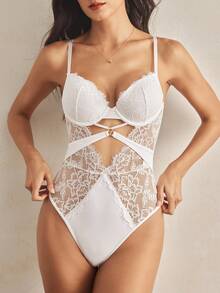 Charlaine Contrast Lace Cut Out Underwire Teddy Bodysuit Lingerie Bridallingerie - White - View 3