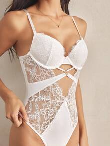 Charlaine Contrast Lace Cut Out Underwire Teddy Bodysuit Lingerie Bridallingerie - White - View 1