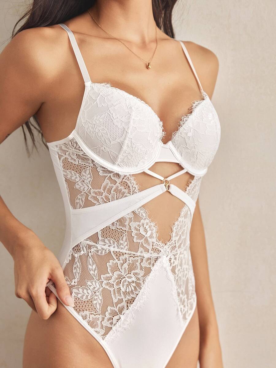 Charlaine Contrast Lace Cut Out Underwire Teddy Bodysuit Lingerie Bridallingerie - White - View 1