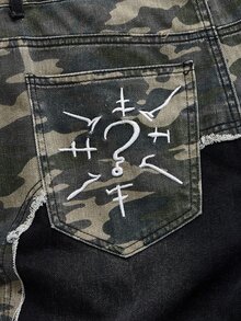 ROMWE MEN 男士拼接迷彩毛邊口袋喇叭牛仔褲 - 黑色 - 查看 4