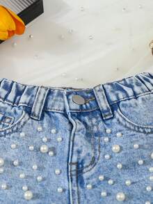 SHEIN Elladie kids Young Girl' Fashionable Riveted Denim Shorts, Versatile Snug Fit Baby Blue Summer - Light Wash - View 3