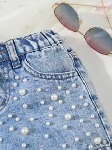 SHEIN Elladie kids Young Girl' Fashionable Riveted Denim Shorts, Versatile Snug Fit Baby Blue Summer - Light Wash - View 4