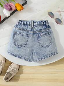 SHEIN Elladie kids Young Girl' Fashionable Riveted Denim Shorts, Versatile Snug Fit Baby Blue Summer - Light Wash - View 2