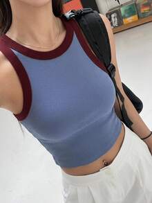 DAZY Women's Patchwork Contrast Color Basic Cropped Tank Top Summer - Blue - View 7