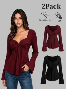 Sweetra 2pcs Women Elegant Slimming Comfortable Long Sleeve Versatile T-Shirt Set - Multicolor - View 5