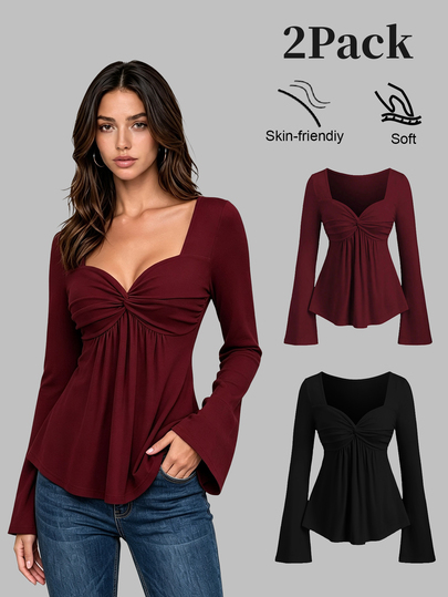Sweetra 2pcs Women Elegant Slimming Comfortable Long Sleeve Versatile T-Shirt Set