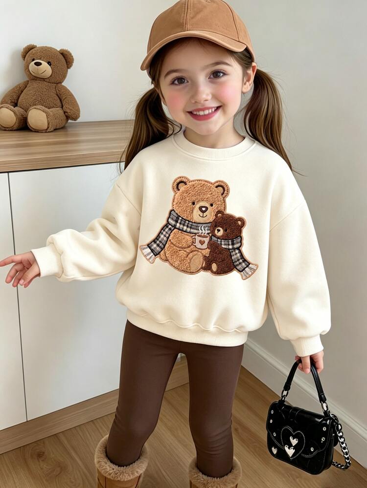 (1 Set) Young Girls Fall Clothes Cute Bear Heart & Plaid Scarf Print Crew Neck Sweatshirt With Leggings, Fall Outfits Autumn Winter - Multicolor - View 4