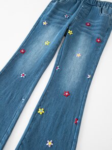 SHEIN Elladie kids 女童 Y2K 可愛風彈性喇叭腿牛仔褲，破洞磨損下擺復古丹寧工藝，時尚百搭校園度假藍色花卉秋季服飾 - 藍色 - 查看 5