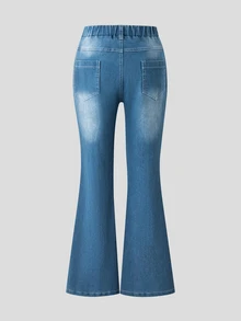 SHEIN Elladie kids 女童 Y2K 可愛風彈性喇叭腿牛仔褲，破洞磨損下擺復古丹寧工藝，時尚百搭校園度假藍色花卉秋季服飾 - 藍色 - 查看 2