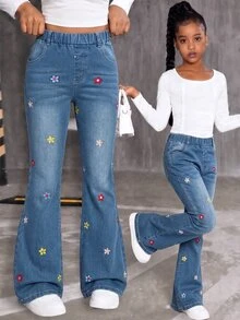 SHEIN Elladie kids 女童 Y2K 可愛風彈性喇叭腿牛仔褲，破洞磨損下擺復古丹寧工藝，時尚百搭校園度假藍色花卉秋季服飾 - 藍色 - 查看 1