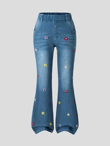 SHEIN Elladie kids 女童 Y2K 可愛風彈性喇叭腿牛仔褲，破洞磨損下擺復古丹寧工藝，時尚百搭校園度假藍色花卉秋季服飾 - 藍色 - 查看 4