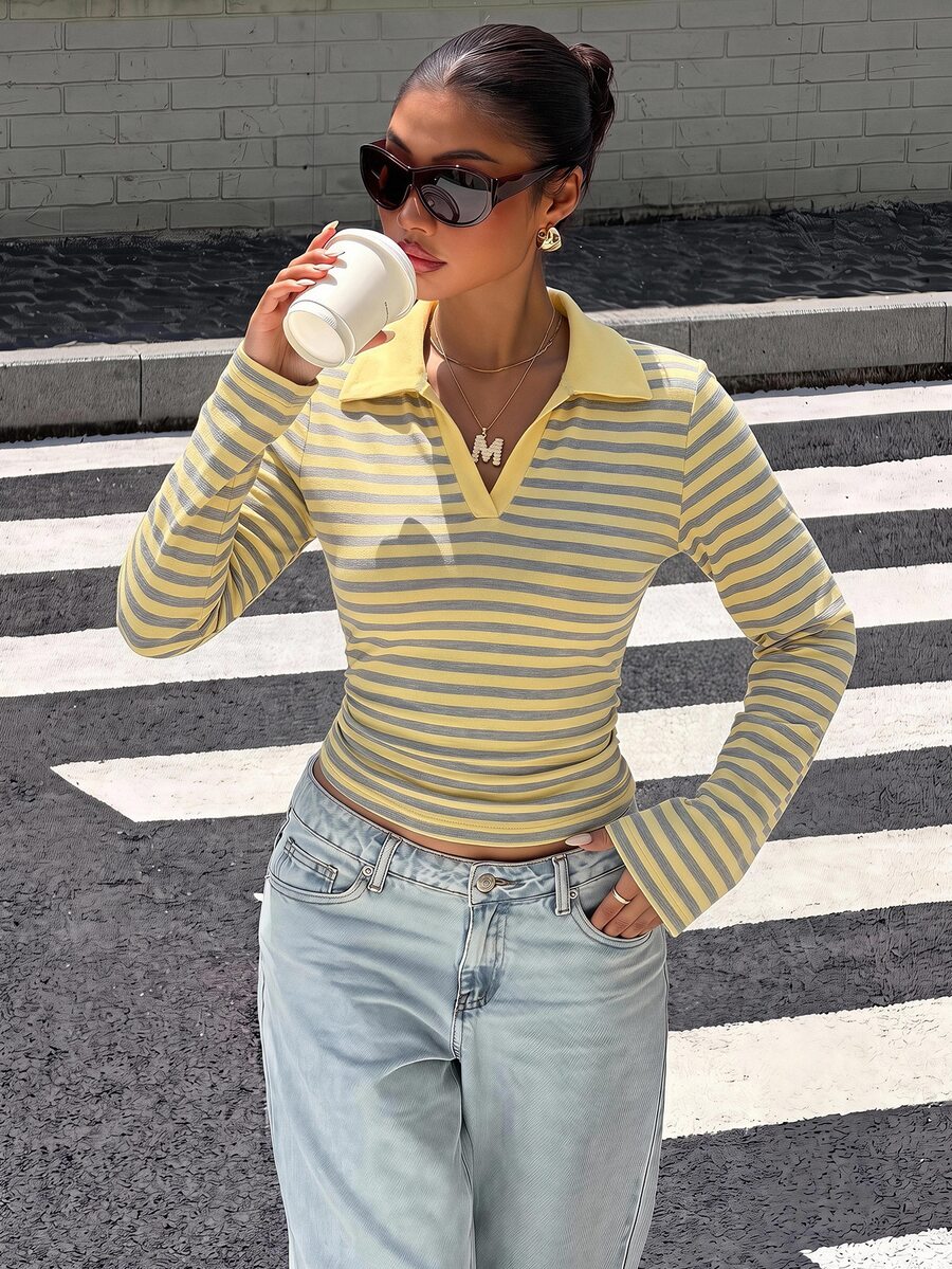 Muchica Autumn New Women's College Style Cream Yellow Striped Contrast Color Polo Collar Long Sleeve Ruched Waist T-Shirt - White - View 1