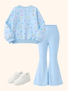 SHEIN Elladie kids Young Girls 2 Pieces Set, Fashionable Baby Cute Gradient Orange Heart Print Long Sleeve Fleece Sweatshirt Top Matching Pants, Soft Outfit Autumn/Winter - Multicolor - View 2