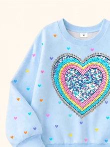 SHEIN Elladie kids Young Girls 2 Pieces Set, Fashionable Baby Cute Gradient Orange Heart Print Long Sleeve Fleece Sweatshirt Top Matching Pants, Soft Outfit Autumn/Winter - Multicolor - View 7