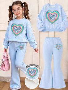 SHEIN Elladie kids Young Girls 2 Pieces Set, Fashionable Baby Cute Gradient Orange Heart Print Long Sleeve Fleece Sweatshirt Top Matching Pants, Soft Outfit Autumn/Winter - Multicolor - View 3